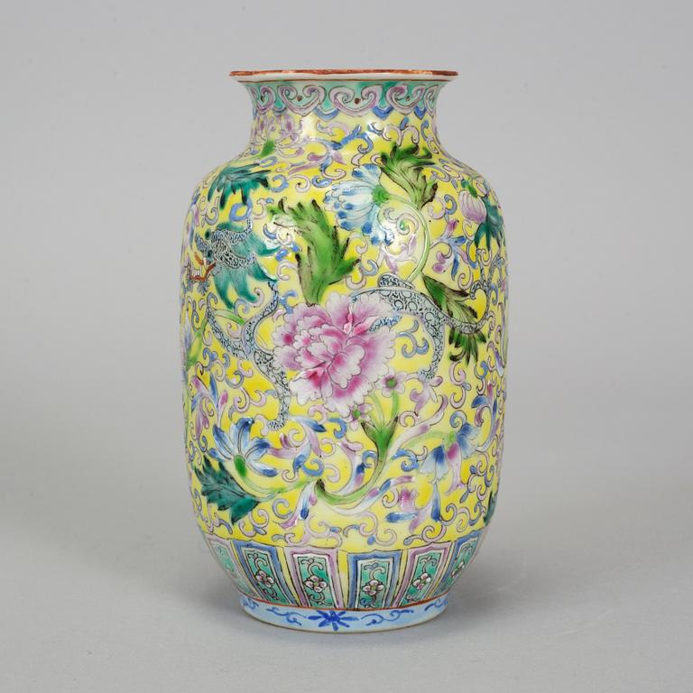 A Chinese yellow ground and famille rose vase, 20th century.