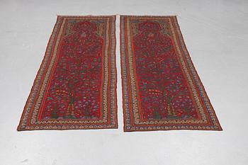 A pair of semi-antique Pateh Kerman embroideries, ca 279 x 88 cm and 282 x 84 cm.