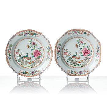 A set of six famille rose 'double peacock' soup dishes, Qing dynasty, Qianlong (1736-95).