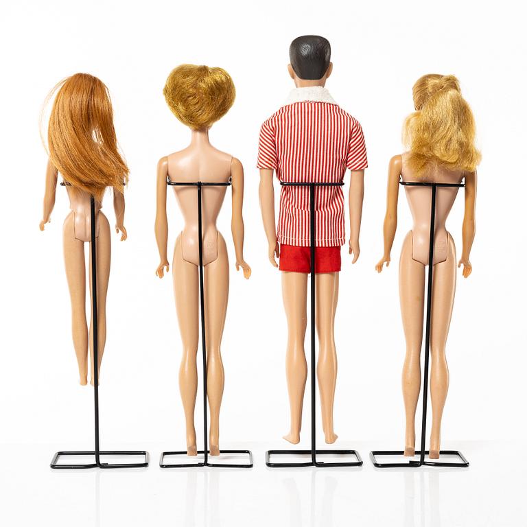 Barbie dolls, 4 pcs, along with clothes and accessories, Mattel, 1960s.