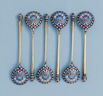 1294. A SET OF SIX RUSSIAN SILVER AND ENAMEL TEA-SPOONS, makers mark of Ivan Chlebnikov, Moscow 1880's.