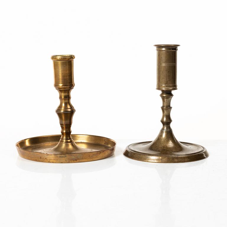 Candelabra, 4 pcs, and a chamberstick for two candles, brass, 19th century.