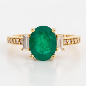 Emerald, baguette and brilliant-cut diamond ring.