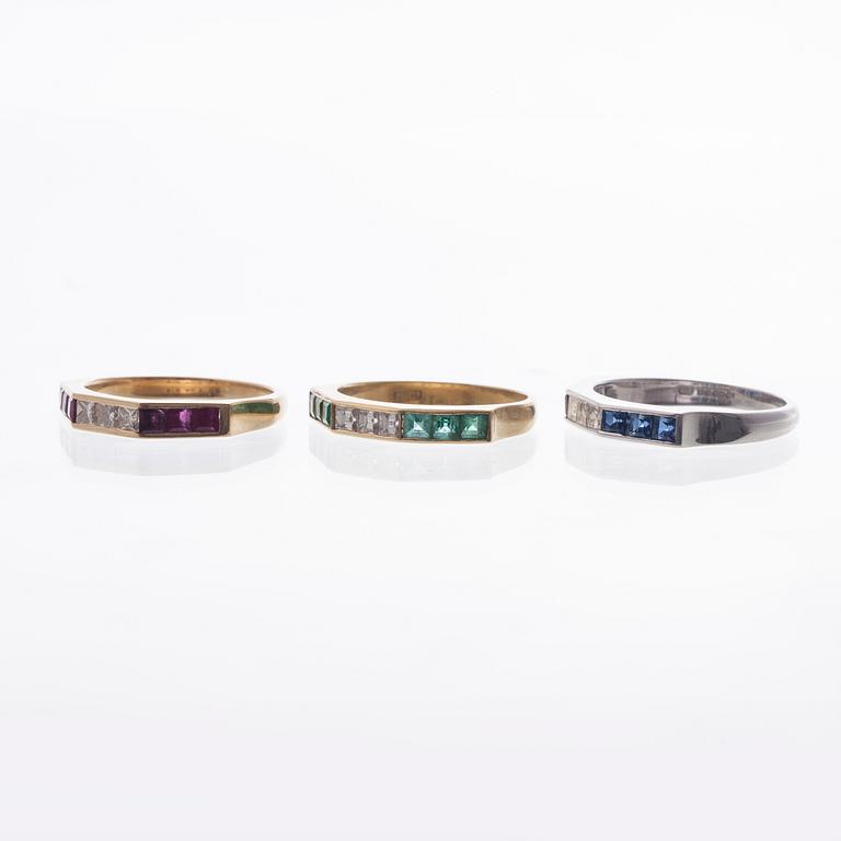 RINGAR, 3 st, 18K vitt- och gult guld, diamanter, rubiner, safirer, smaragder. Vikt totalt ca 10,2 g.