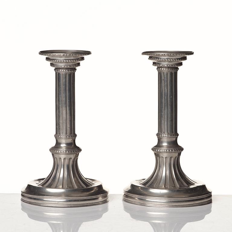 A pair of Gustavian pewter candlesticks by R Ryman 1784.