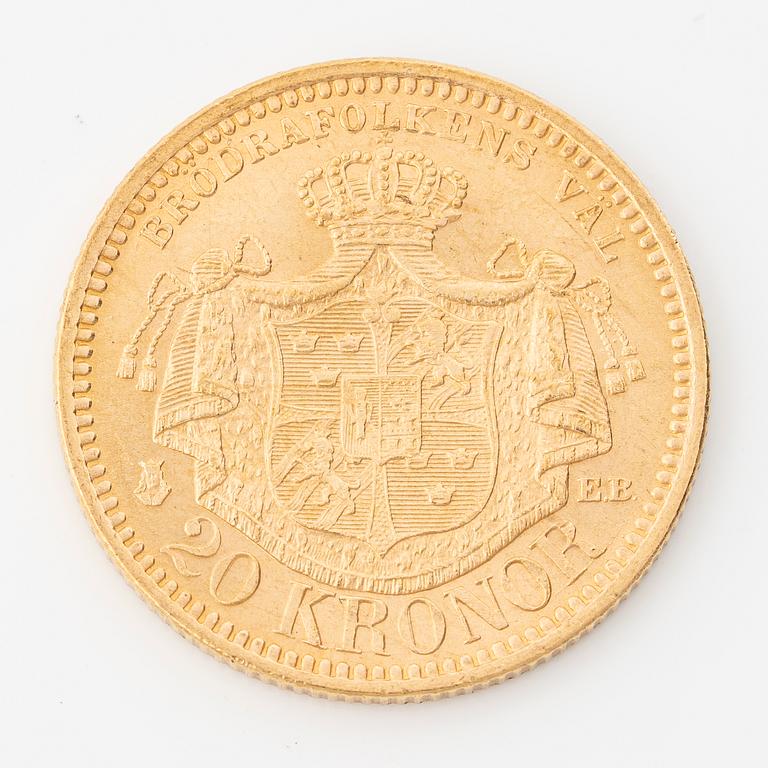 Gold coin, Oscar II, 20Kr, Type III, Sweden 1886.