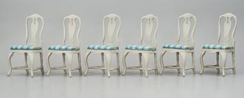 A set of six Swedish Rococo chairs, second part of the 18th century.