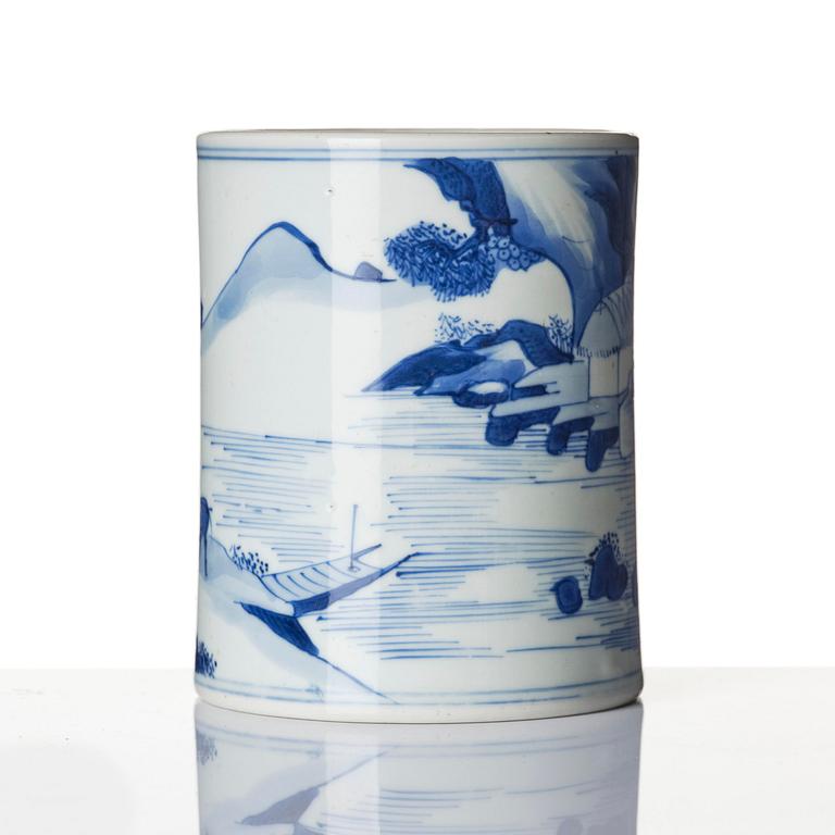 A blue and white 'scholar in a landscape' brushpot, bitong, Qing dynasty, Kangxi (1662-1722).