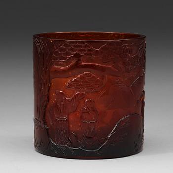 261. A large Chinese amber coloured Beijing glass brush pot, 20th Century.