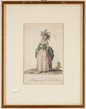 GRAVYRER, 2 st, handkolorerade, 1700-tal.