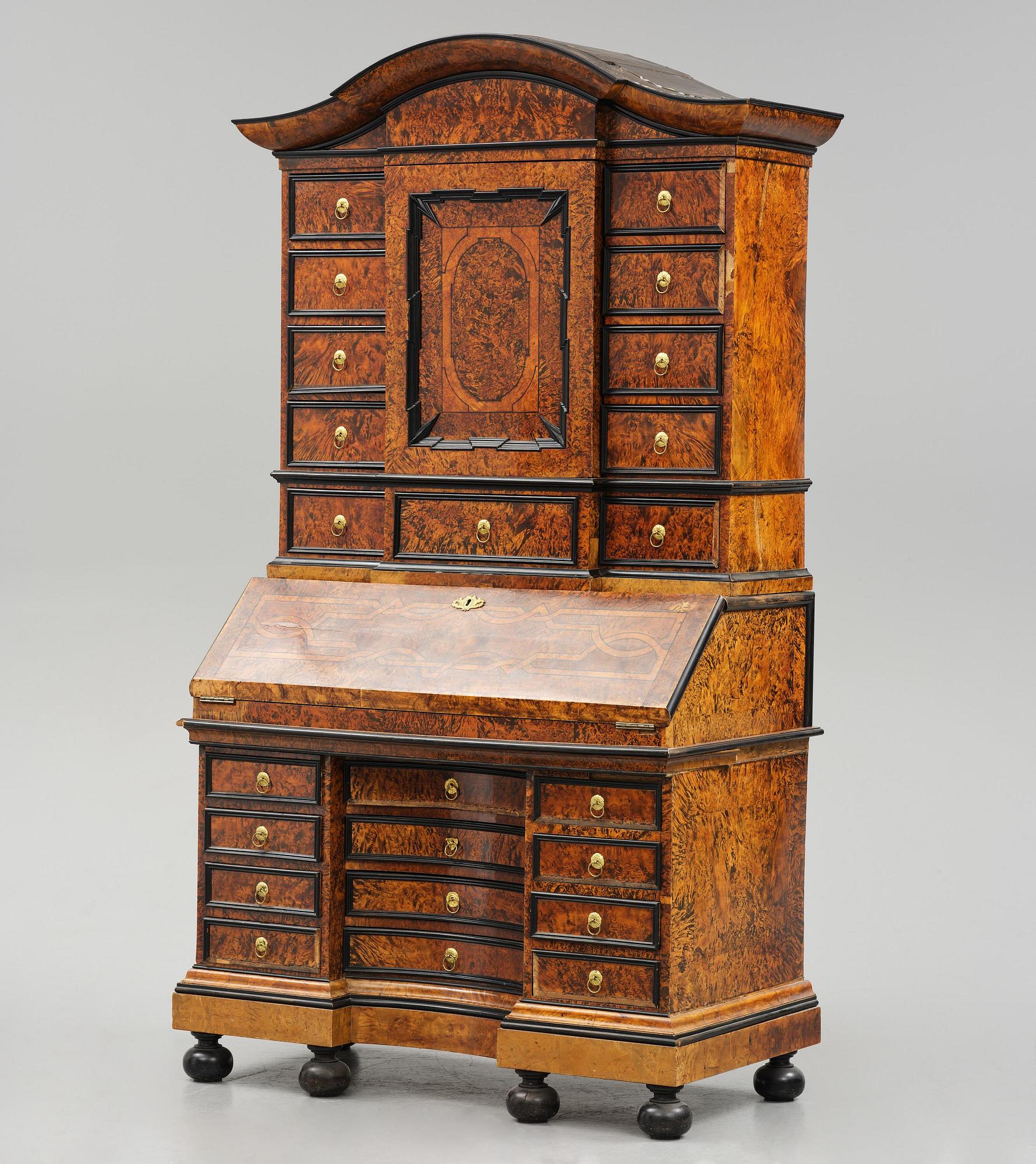A Swedish burr-elm late baroque writing cabinet, first part 18th century.