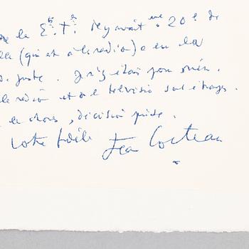 JEAN COCTEAU (1889-1963), egenhändigt brev, sign o dat 14 oct med otydligt år.