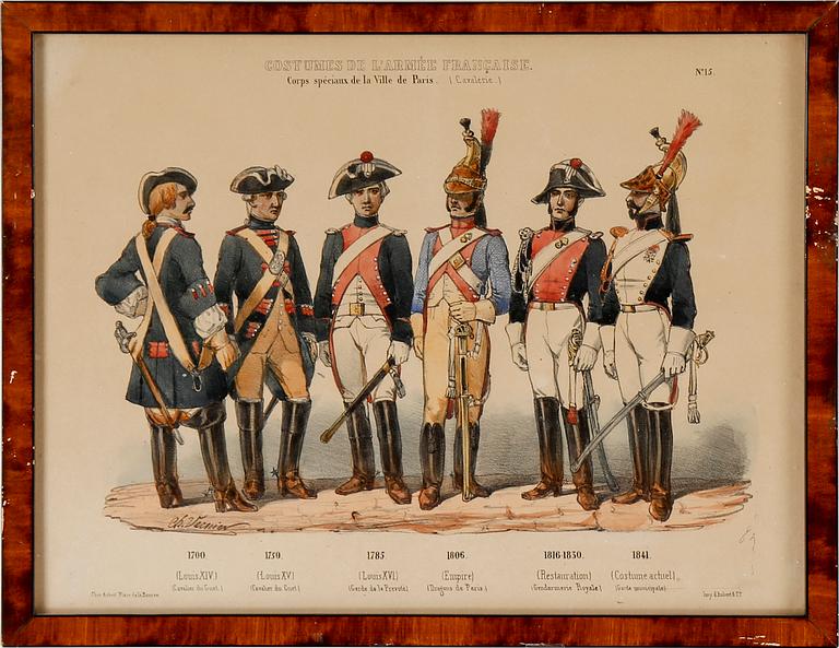 LITOGRAFISKA UNIFORMPLANSCHER, 8 st, Costumes de l'armée Française, 1800-talets slut.