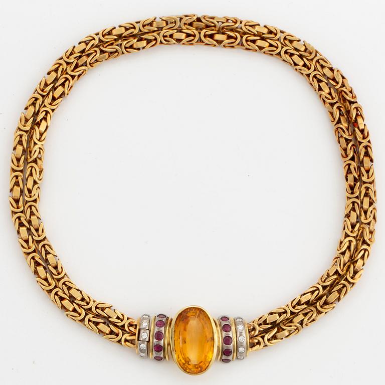 Citrine, ruby and brilliant-cut diamond necklace.