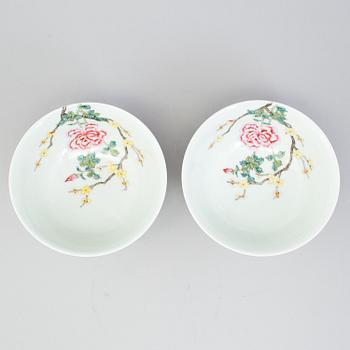 A pair of chinese famille rose bowls, with Yongzheng four character seal mark. Modern production.