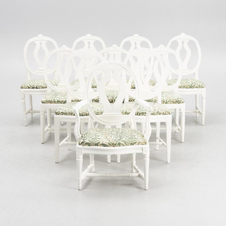 Nine similar Gustavian chairs and one armchair, Sweden, around 1800.