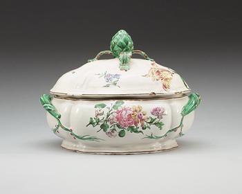 An unmarked faience tureen with cover, 18th Century.
