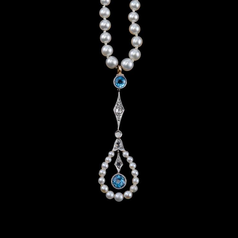 A NECKLACE, oriental pearls 3  - 1,5 mm, rose cut diamonds, aquamarines, sapphire. Pendant and clasp 18K  gold.