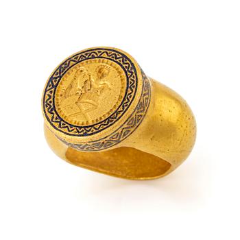 215. A modern Byzantine-style gold and enamel signet ring.