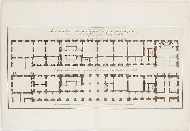 SÉBASTIEN LE CLERC, efter Niccodemus Tessin d.y. 1695, kopparstick, 3 st, 1700-tal.