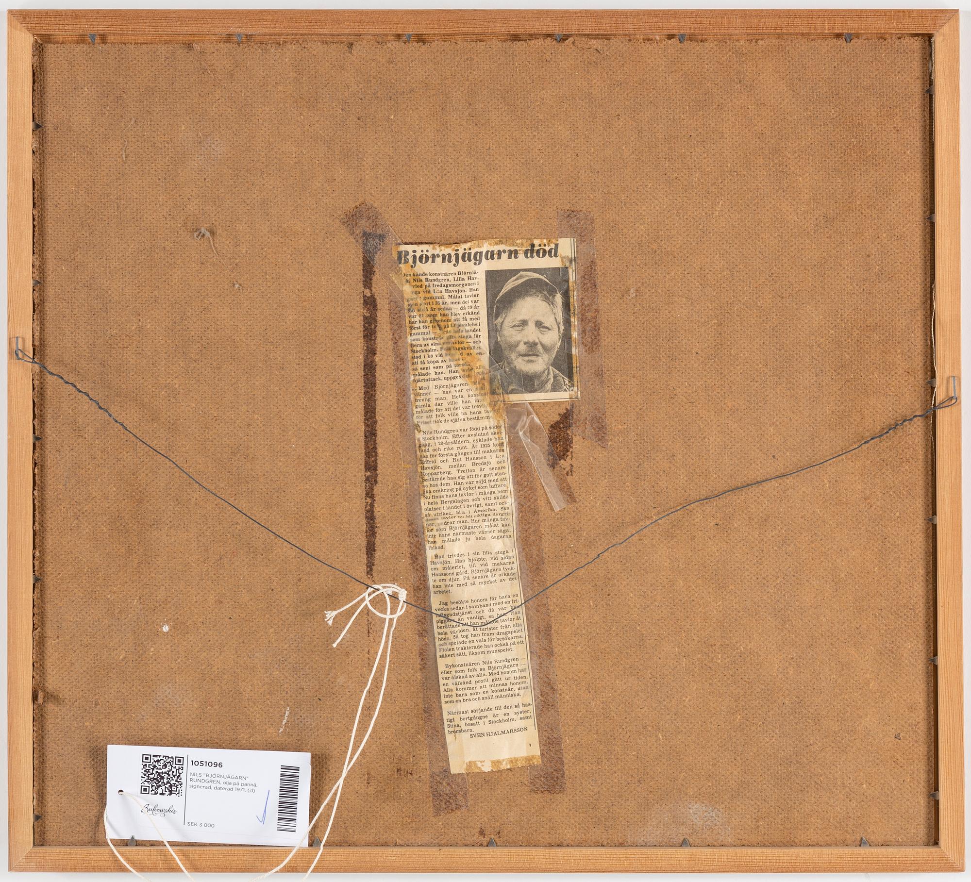 NILS "BJÖRNJÄGARN" RUNDGREN, oil on panel, signed and dated 1971.