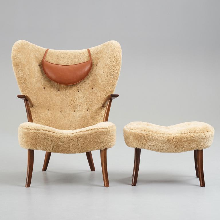 IB MADSEN & ACTON SCHUBELL, "Pragh", fåtölj med fotpall, Madsen & Schubell Co, Danmark 1940-50-tal.