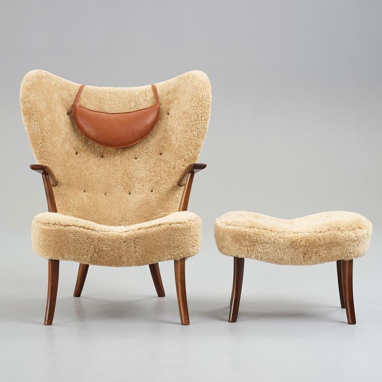 IB MADSEN & ACTON SCHUBELL, "Pragh", an easy chair and ottoman, Madsen & Schubell Co, Denmark 1940-50's.