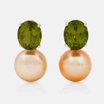 1281. A pair of peridot and yellow cultured south sea pearl earrings.