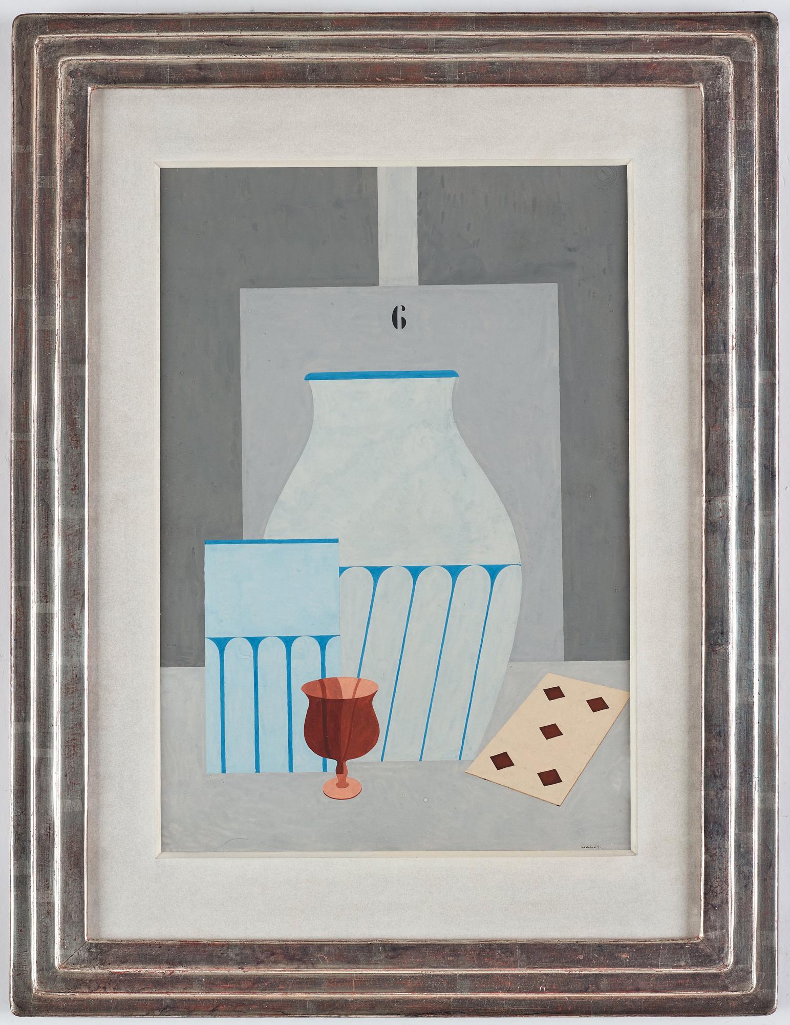 Otto G Carlsund, Still life with glass, vases and playing cards.