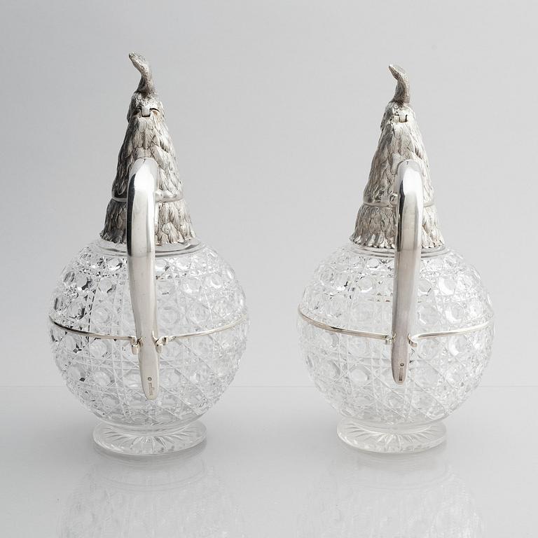 A pair of silver and cut-glass decanters, mark of Gratchev company, St. Petersburg 1908-1917.