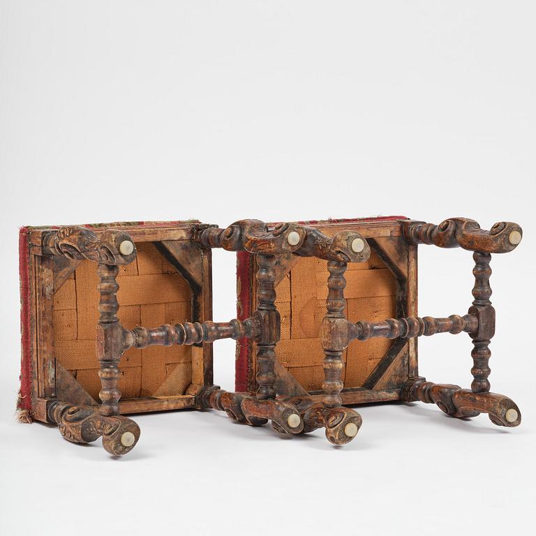 A pair of Swedish carved Baroque stools, circa 1700.