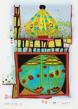Friedensreich Hundertwasser, fotolitografi och serigrafi med metallprägling, 1984. Signerad och numrerad 4376/10002.