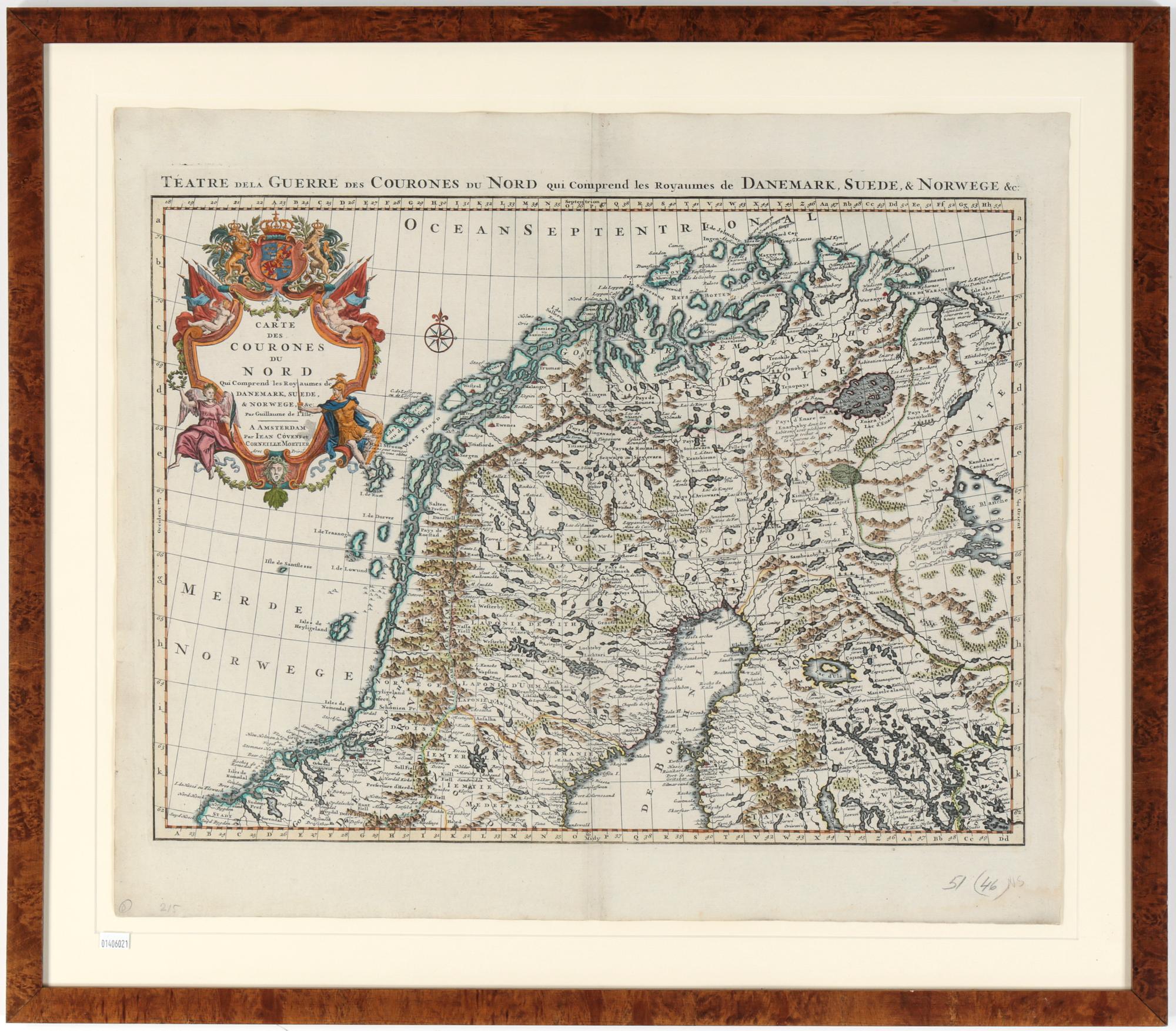 KARTA, kopparstick, "Carte des Courones du Nord Qui Comprend les Royaumes de Danemark...", 16/1700-tal.