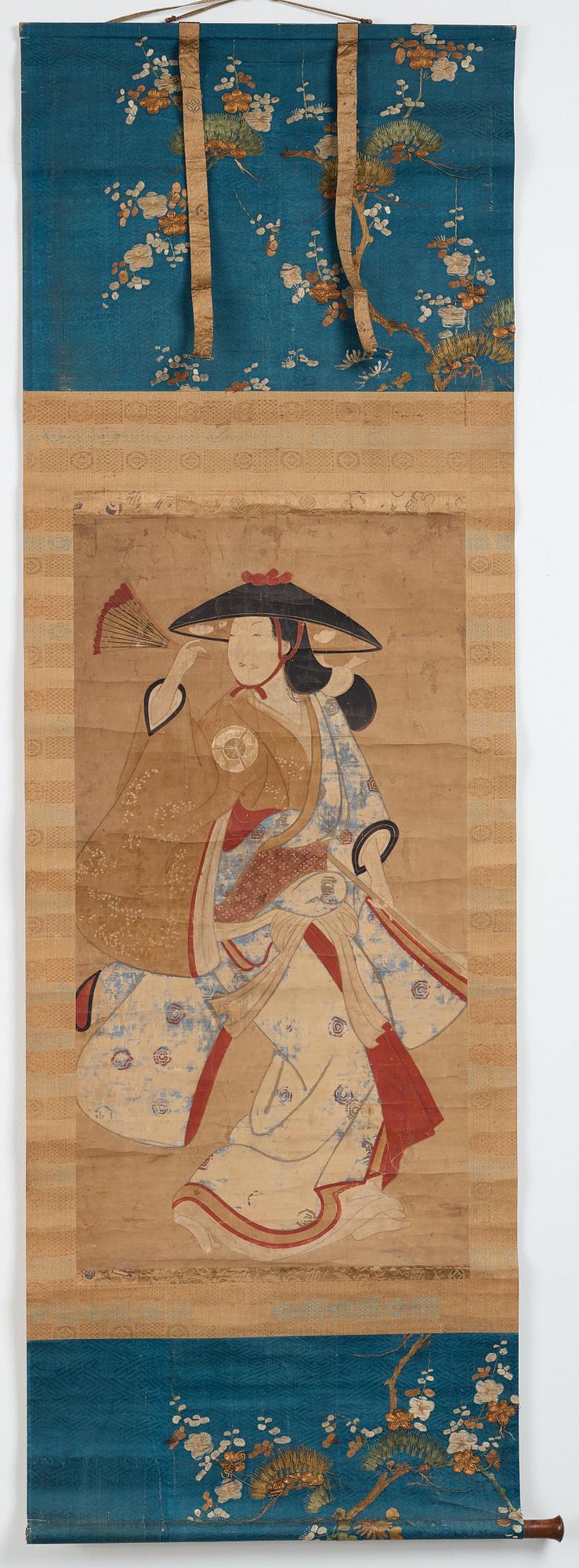 RULLMÅLNING, tusch och färg på papper. Okänd konstnär, Japan, troligen tidigt 1700-tal.