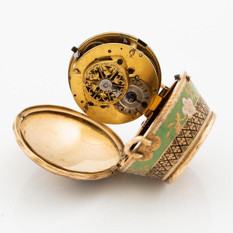 Fickur i form av korg, guld och emalj, Genève, Schweiz, tidigt 1800-tal.