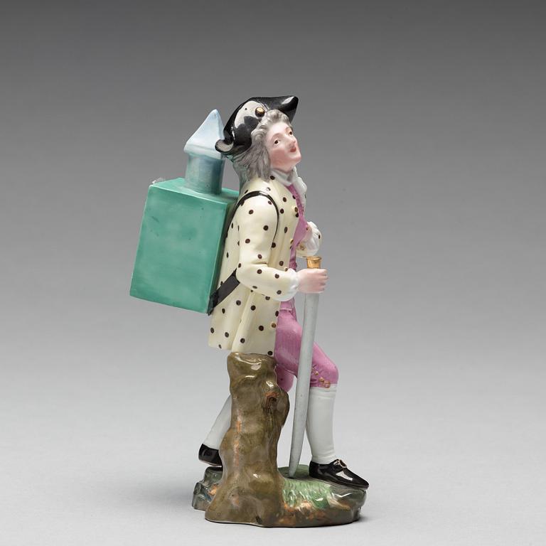 A porcelain figure of a man with a walking staff, 'Höchst mark', 19th Century.