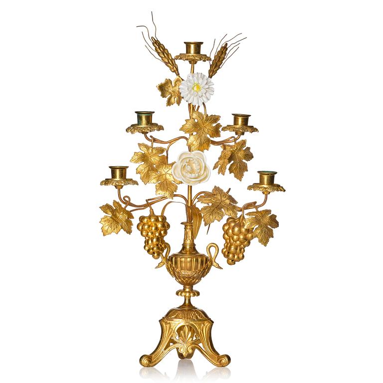 A contemporary five candle candelabrum.