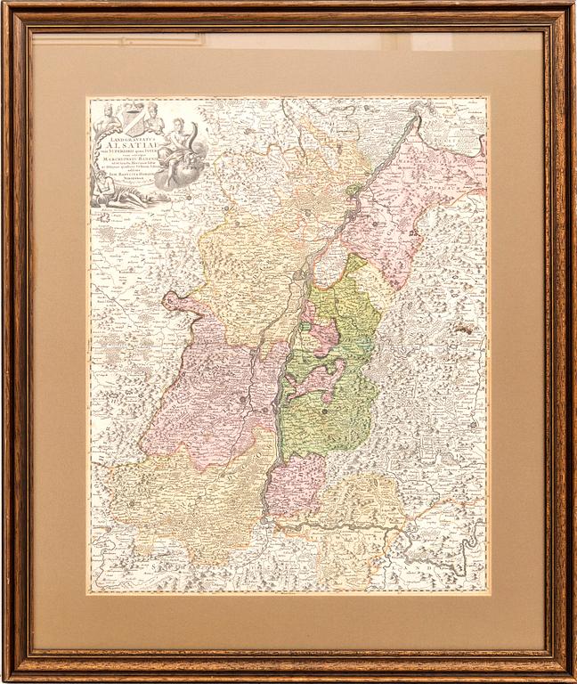 Johann Batista Homann, map of Alsace & Baden, hand colored copper engraving, Nürnberg 1716.