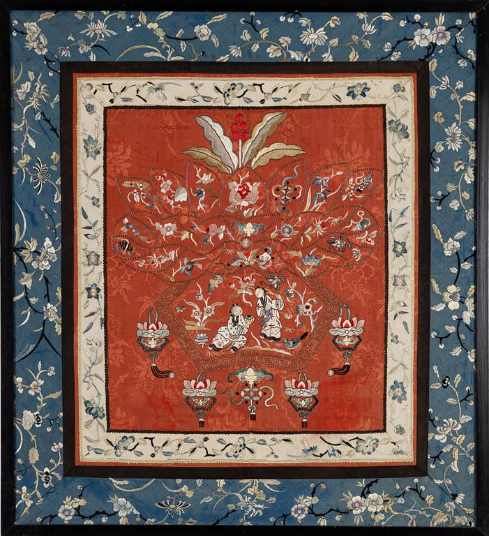 A Chinese silk embroidery. Qing dynasty.