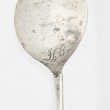 Two unmarked silver spoons, likely 18th century.