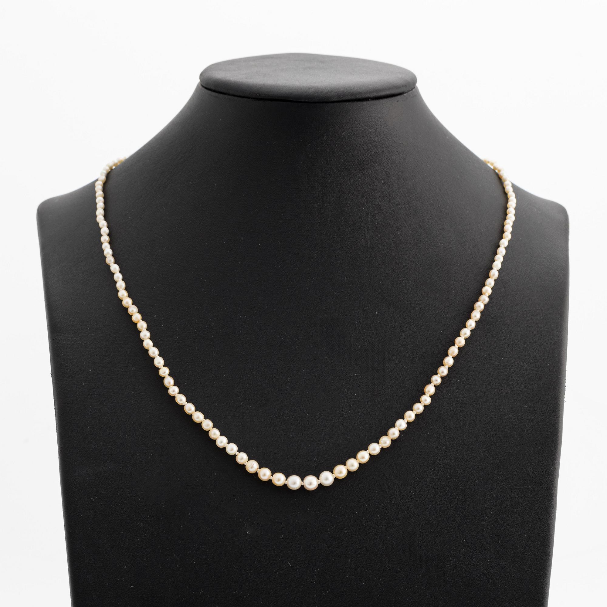 Pärlcollier, med doserade pärlor, lås guld med två gammalslipade diamanter och rubin.