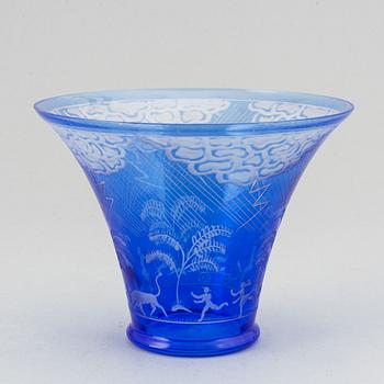 Edward Hald, a "Thunderstorm" engraved blue glass bowl, Orrefors, Sweden 1976.