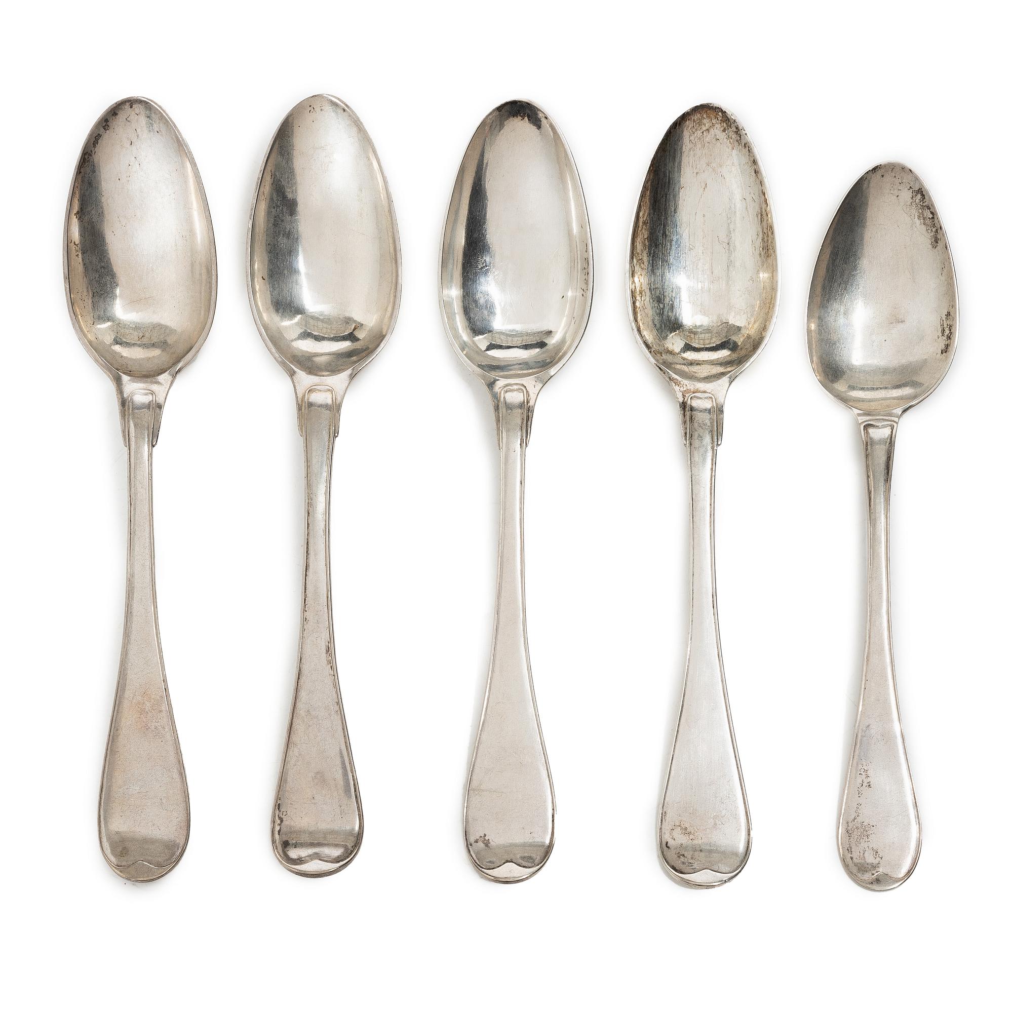 Five Swedish silver tablespoons, Stockholm, 1800–1825.