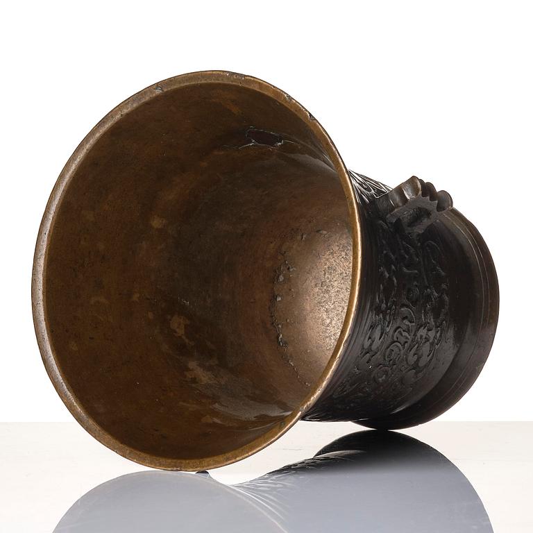 A Swedish late baroque bronze mortar and pestle, dated 1759.