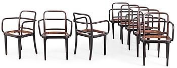 566. A set of eight dark stained bent wood chairs attributed to either Josef Frank or Josef Hoffmann, circa 1935, label Thonet.
