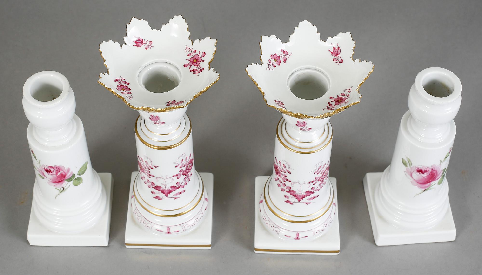 LJUSSTAKAR, två par varav ett par med ljusmanschetter. Meissen, 1900-tal.