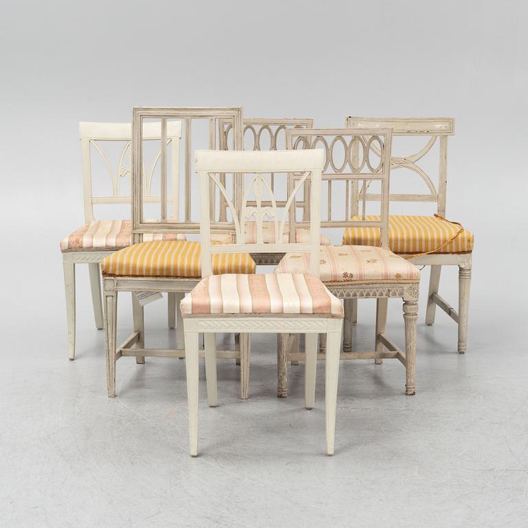 Six Gustavian chairs, different models, from Lindome, Sweden, around 1800.