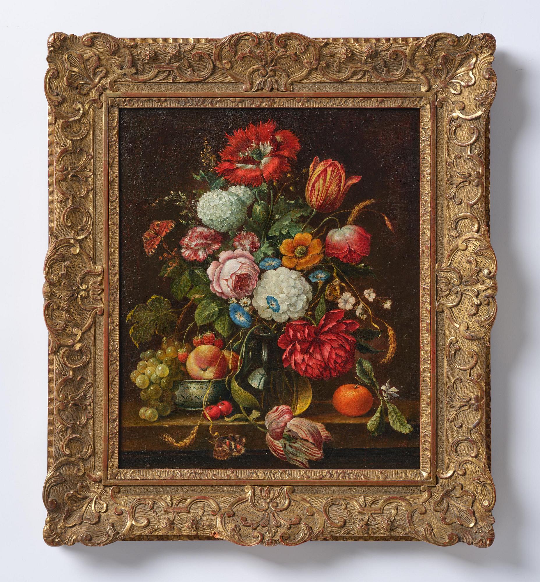 Jan Davidsz. de Heem, after, Still life with flowers, fruits, and a admiral butterfly.