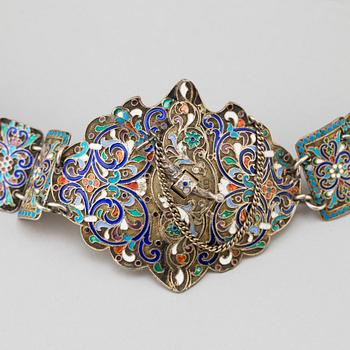 A Russian early 20th century silver and cloisonné-enamel belt, mark of Pyetr Milukow, Moscow 1899-1908.