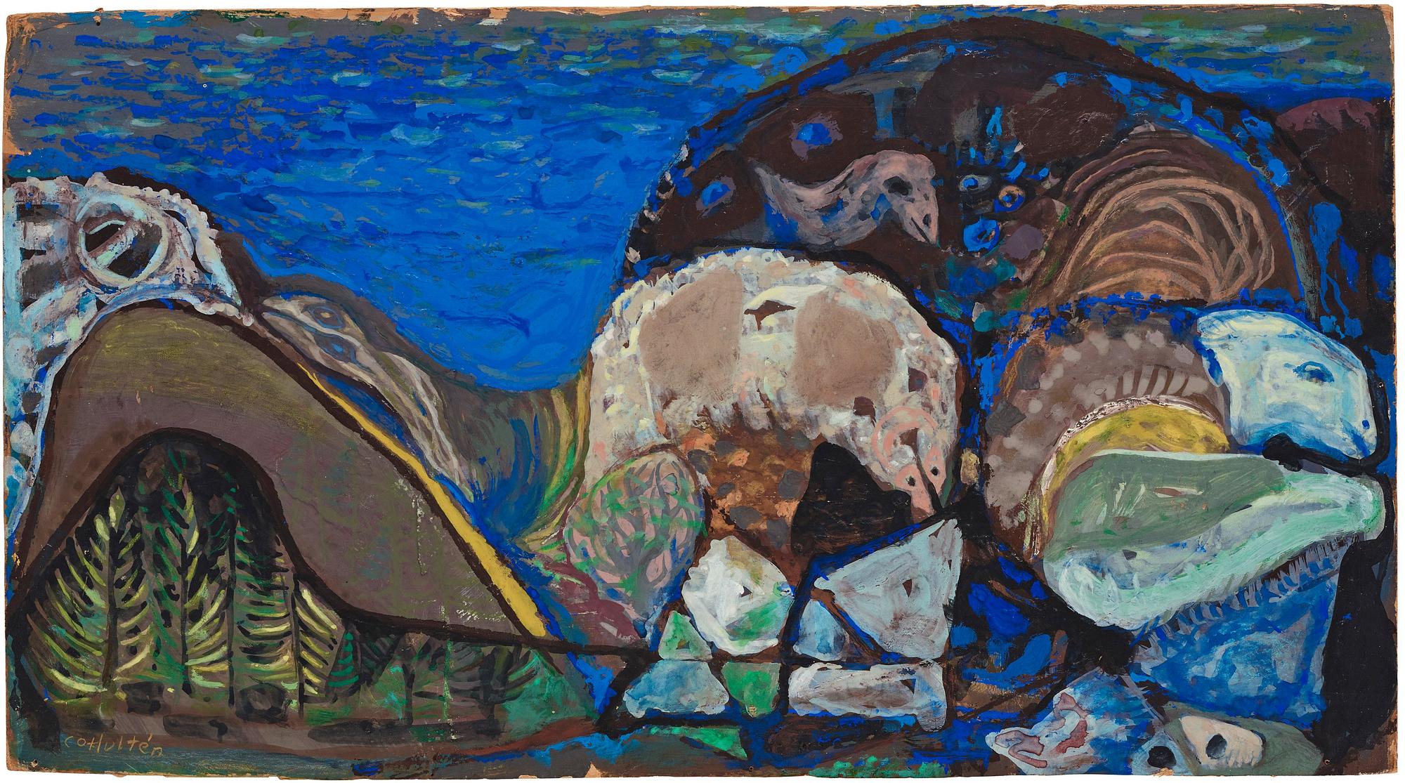 CO Hultén, gouache på papp-pannå, signerad och a tergo daterad sommaren 1953.
